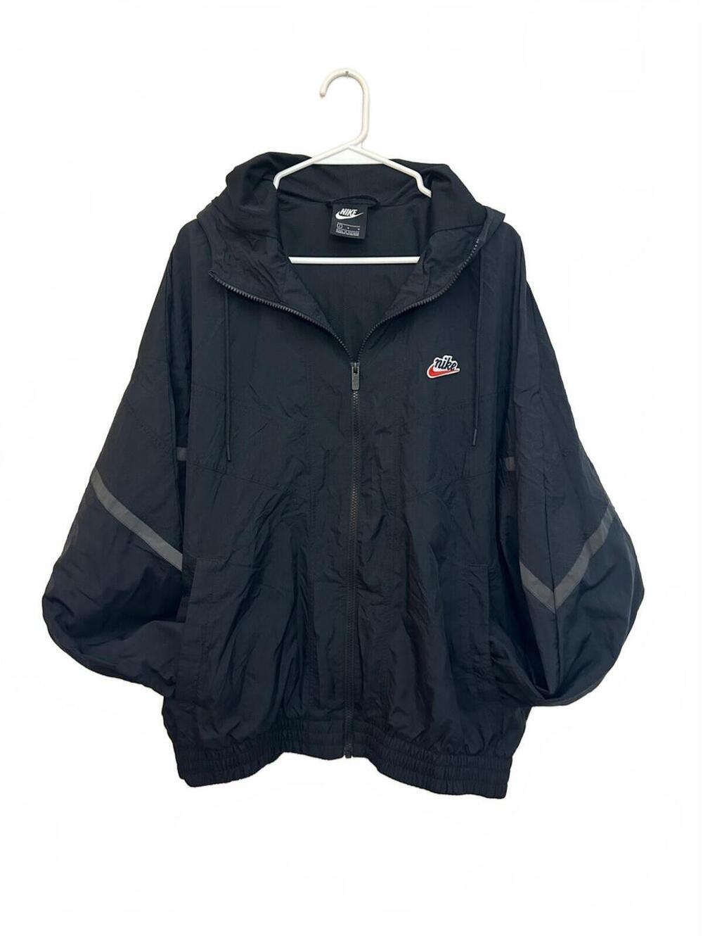 Nike Black Hooded Windbreaker with Gray Stripe Details Women's Large